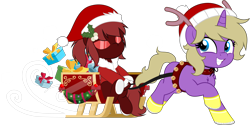 Size: 5000x2509 | Tagged: safe, artist:jhayarr23, oc, oc only, oc:hay meadow, earth pony, pony, unicorn, bell, bell collar, boots, christmas, clothes, coat, collar, commission, costume, cute, duo, earth pony oc, fake antlers, female, grin, hat, holiday, horn, male, mare, marvel, marvel comics, mary jane watson, ponified, present, raised hoof, raised leg, santa costume, santa hat, shoes, simple background, sleigh, smiling, spider-man, spider-woman, superhero, superhero costume, transparent background, unicorn oc, ych result