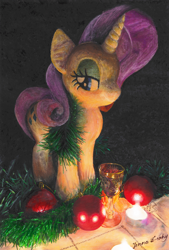 Size: 3302x4880 | Tagged: safe, artist:jennatwhy, rarity, pony, unicorn, g4, absurd resolution, candle, christmas, christmas decoration, dark background, female, glass, holiday, horn, looking at you, mare, new year, plushie, realistic, shot glass, signature, solo, traditional art, watercolor painting