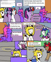 Size: 1425x1733 | Tagged: safe, artist:ask-luciavampire, twilight sparkle, oc, oc only, oc:moka louis, oc:prince solar eclipse, oc:rasazy nightdreamer, oc:twilight eclipse, alicorn, pony, succubus, undead, unicorn, vampire, vampony, g4, ask-canterlot-academy, fusion, tumblr, twilight sparkle (alicorn), we have become one