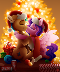 Size: 2900x3500 | Tagged: safe, artist:rainbowfire, hitch trailblazer, pipp petals, earth pony, pegasus, pony, g5, spoiler:g5, adorapipp, backwards cutie mark, ball, bauble, blushing, candy, candy cane, cap, chest fluff, christmas, christmas ornament, christmas tree, clothes, coca-cola, complex background, cute, daaaaaaaaaaaw, decoration, duo, eyes closed, female, floppy ears, food, grin, hat, high res, holiday, hug, jewelry, kissing, kneeling, love, male, mare, open mouth, present, santa hat, scarf, ship:pitch, shipping, smiling, soda can, spread wings, stallion, straight, tree, wings