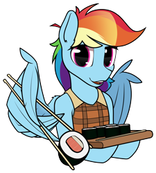 Size: 1800x2000 | Tagged: safe, artist:dacaoo, rainbow dash, pegasus, pony, semi-anthro, g4, arm hooves, chopsticks, clothes, feather fingers, female, food, jacket, looking at you, mare, simple background, solo, sushi, transparent background, wing hands, wing hold, wings