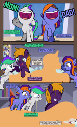 Size: 1920x3168 | Tagged: safe, artist:alexdti, oc, oc only, oc:bright comet, oc:purple creativity, oc:star logic, oc:violet moonlight, pegasus, pony, unicorn, comic:quest for friendship, ^^, bed mane, blanket, book, bookshelf, clothes, colt, comic, dialogue, dress, excited, eyes closed, father and child, female, filly, floppy ears, foal, folded wings, glasses, grin, high res, hooves, horn, husband and wife, male, mare, mother and child, nose in the air, open mouth, open smile, pegasus oc, pillow, raised hoof, siblings, smiling, speech bubble, stallion, standing, tail, twins, two toned mane, two toned tail, underhoof, unicorn oc, volumetric mouth, wall of tags, wedding dress, wings
