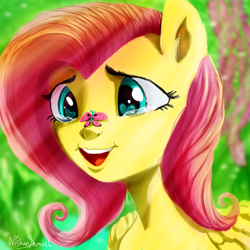 Size: 3000x3000 | Tagged: safe, artist:nishensamuelofficial, fluttershy, butterfly, pegasus, pony, g4, butterfly on nose, crying, female, high res, insect on nose, open mouth, open smile, smiling, solo, tears of joy