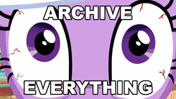 Size: 1920x1080 | Tagged: safe, edit, edited screencap, screencap, twilight sparkle, g4, it's about time, bloodshot eyes, caption, image macro, meme, monitor everything, text