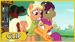 Size: 1280x720 | Tagged: safe, edit, edited screencap, screencap, mane allgood, scootaloo, snap shutter, earth pony, pegasus, pony, g4, the last crusade, cage, clothes, duckery in the description, female, filly, foal, male, mare, parent, shirt, stallion