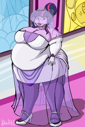 Size: 800x1187 | Tagged: safe, artist:professordoctorc, twilight sparkle, human, equestria girls, alternate hairstyle, bbw, belly, big belly, big breasts, bingo wings, breasts, bride, busty twilight sparkle, cleavage, clothes, dress, fat, fat boobs, female, gloves, hair bun, high heels, huge breasts, jewelry, necklace, obese, shoes, solo, ssbbw, stockings, thigh highs, twilard sparkle, veil, wedding dress