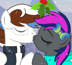 Size: 3289x3000 | Tagged: safe, artist:jennieoo, oc, oc:cotton bun, oc:soul beat, pegasus, pony, commission, couple, duo, eyes closed, freckles, glasses, high res, holding hooves, holly, holly mistaken for mistletoe, kiss on the lips, kissing, romantic, simple background, snow, snowfall, vector, ych result
