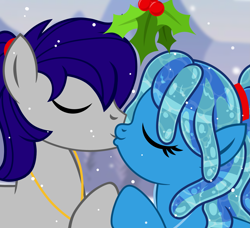 Size: 3289x3000 | Tagged: safe, artist:jennieoo, oc, oc:maverick, oc:ocean soul, earth pony, pegasus, pony, commission, couple, duo, female, high res, holding hooves, holly, holly mistaken for mistletoe, husband and wife, kiss on the lips, kissing, male, mare, married couple, ponytail, romantic, show accurate, simple background, snow, snowfall, soulverick, stallion, vector, ych result