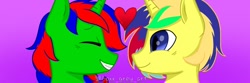 Size: 1080x360 | Tagged: safe, artist:foxx_grey_art, oc, oc only, oc:gojipie, pony, unicorn, blue eyes, commission, duo, green coat, happy, heart, horn, looking at each other, looking at someone, pink background, simple background, smiling, unicorn oc, ych result, yellow coat