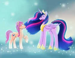 Size: 1800x1400 | Tagged: safe, artist:clairacub, sunny starscout, twilight sparkle, alicorn, earth pony, pony, g5, the last problem, duo, female, older, older twilight, older twilight sparkle (alicorn), princess twilight 2.0, slender, sunny and her heroine, thin, twilight sparkle (alicorn)