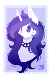 Size: 1999x2999 | Tagged: safe, artist:prettyshinegp, oc, oc only, pony, unicorn, abstract background, bust, choker, ear fluff, female, horn, mare, signature, solo, spiked choker, unicorn oc