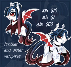 Size: 1280x1212 | Tagged: safe, artist:emperor-anri, oc, oc only, bat pony, pony, undead, vampire, g4, bat pony oc, bat wings, chains, choker, clothes, cute, cute little fangs, ear fluff, ethereal mane, eyeshadow, fangs, female, flying, gradient hair, gradient mane, gradient tail, grin, hoof polish, long tail, makeup, male, mare, ponytail, raised hoof, red eyes, siblings, slit pupils, smiling, stallion, standing, starry mane, straight hair, tail, wings, zoom layer