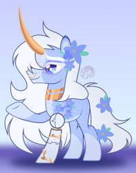 Size: 1280x1621 | Tagged: safe, artist:emperor-anri, oc, oc only, pony, unicorn, amputee, blaze (coat marking), body freckles, coat markings, curved horn, facial markings, flower, flower in hair, freckles, horn, jewelry, male, necklace, nose piercing, nose ring, piercing, prosthetic leg, prosthetic limb, prosthetics, raised hoof, slit pupils, smiling, socks (coat markings), solo, stallion, thick eyebrows, underhoof, unicorn oc