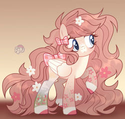 Size: 1280x1221 | Tagged: safe, artist:emperor-anri, oc, oc only, pegasus, pony, g4, blue eyes, bow, colored hooves, eyelashes, female, flower, flower in hair, folded wings, freckles, hair bow, long hair, long mane, looking sideways, mare, pastern (coat marking), pegasus oc, raised hoof, tail, tail bow, wings