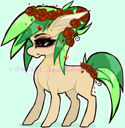 Size: 1116x1148 | Tagged: safe, artist:conflei, oc, oc only, earth pony, pony, ear fluff, earth pony oc, eyelashes, flower, flower in hair, green background, makeup, rose, simple background, solo
