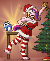 Size: 1044x1280 | Tagged: safe, artist:metallicumbrage, part of a set, princess cadance, alicorn, anthro, unguligrade anthro, g4, bare shoulders, breasts, busty princess cadance, christmas, christmas tree, clothes, cookie, cookie jar, exclamation point, female, food, hat, holiday, human to pony, jewelry, male to female, necklace, oops, part of a series, reaching, rule 63, santa hat, socks, solo, stockings, stretching, striped socks, sweat, sweatdrops, tail, thigh highs, this will end in little crackly pieces, tight clothing, tiptoe, toes, transformation, transgender, tree, wide eyes