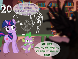 Size: 1440x1080 | Tagged: safe, artist:andoanimalia, artist:bronybyexception, artist:demigod-spike, artist:estories, artist:misteraibo, artist:oxinfree, artist:spyro4287, artist:tardifice, artist:twilightpoint, scootaloo, spike, twilight sparkle, bird, demon, dragon, duck, pony, turkey, unicorn, g4, 20, advent calendar, aggressive, book, bookshelf, broken, chalk, chalk drawing, chalkboard, clenched fist, creature, damaged, danger, dragonfire, drake, female, fire, fist, golden oaks library, hellspawn, indoors, laboratory, male, mare, monster, pinpoint eyes, scared, shadow, shrunken pupils, speech bubble, standing, text, turducken, twilight's lab, unicorn twilight, unknown creature