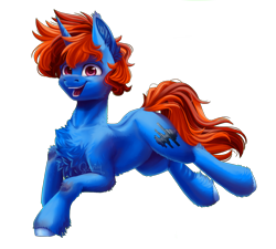 Size: 2000x1800 | Tagged: safe, artist:querisyart, oc, oc only, oc:whirling flow, pony, unicorn, 2023 community collab, derpibooru community collaboration, chest fluff, horn, leaping, looking at you, male, prancing, signature, simple background, smiling, smiling at you, solo, stallion, transparent background, two toned mane, unicorn oc, unshorn fetlocks
