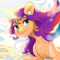 Size: 2048x2048 | Tagged: safe, artist:mikkybun, sunny starscout, alicorn, earth pony, pony, g5, ear fluff, female, high res, lens flare, mane stripe sunny, mare, race swap, signature, smiling, solo, sunnycorn