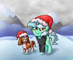 Size: 3360x2785 | Tagged: safe, artist:background basset, lyra heartstrings, basset hound, dog, pony, unicorn, g4, christmas, clothes, cute, dig the swell hoodie, happy, hat, high res, holiday, hoodie, lyrabetes, mountain, santa hat, smiling, snow