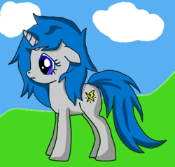 Size: 481x457 | Tagged: safe, artist:thet7770ify, pony, unicorn, blue hair, cloud, female, full body, mare, solo, standing, tail