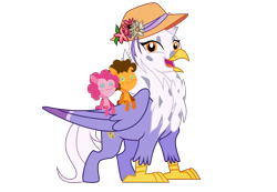 Size: 3722x2572 | Tagged: safe, artist:arcticwindsbases, artist:besttubahorse, artist:idkhesoff, cheese sandwich, pinkie pie, oc, oc only, oc:gerbera, earth pony, hippogriff, pony, 2023 community collab, derpibooru community collaboration, g4, base used, chest fluff, cute, female, flower, hat, high res, hippogriff oc, male, mare, open mouth, plushie, ship:cheesepie, shipping, simple background, solo, stallion, straight, sun hat, transparent background