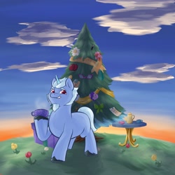 Size: 4096x4096 | Tagged: safe, artist:felldeal, alphabittle blossomforth, pony, unicorn, series:daily drawing december, g5, christmas, christmas tree, cloud, cup, facial hair, flower, food, goatee, holiday, male, smiling, solo, stallion, table, tea, teacup, tree