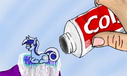 Size: 512x307 | Tagged: safe, artist:thewrightdefense, minuette, human, pony, unicorn, g4, colgate (company), female, full body, lying down, mare, prone, pun, toothbrush, toothpaste