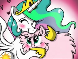 Size: 512x387 | Tagged: safe, artist:scribblehearts, princess celestia, oc, oc:fluffle puff, pony, g4, blushing, duo, eyes closed, female, heart, hug, mare