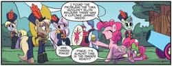 Size: 1334x518 | Tagged: safe, artist:trish forstner, idw, derpy hooves, pinkie pie, spike, dragon, earth pony, pegasus, pony, g4, spoiler:comic, baby, baby dragon, burt, cupcake, dialogue, female, food, free comic book day, male, marching band, marching band uniform, mare, musical instrument, party cannon, speech bubble, stallion, trio focus, tuba, unnamed character, unnamed pony, winged spike, wings