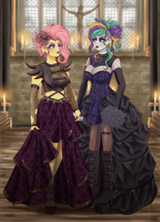 Size: 3100x4300 | Tagged: safe, artist:lucy-tan, fluttershy, rarity, human, equestria girls, g4, :p, alternate hairstyle, boots, breasts, busty fluttershy, busty rarity, choker, church, clothes, commission, cross, dress, duo, ear piercing, earring, evening gloves, eyeshadow, female, fingerless elbow gloves, fingerless gloves, fishnet clothing, fishnets, flower, flower in hair, fluttergoth, flutterpunk, gloves, high heel boots, jewelry, lesbian, lipstick, long gloves, makeup, midriff, nail polish, necklace, one eye closed, piercing, punk, raripunk, rose, ship:flarity, shipping, shoes, skirt, spiked choker, stockings, thigh highs, tongue out, wink
