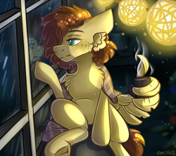 Size: 1336x1189 | Tagged: safe, artist:yuris, oc, oc only, oc:yuris, pegasus, pony, christmas, female, food, freckles, garland, happy new year, holiday, new year, night, plaid, reflection, room, sadness, sitting, solo, tea, window, winter