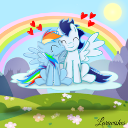 Size: 1100x1100 | Tagged: safe, artist:mlplary6, rainbow dash, soarin', pegasus, pony, g4, ^^, boyfriend and girlfriend, cheek kiss, cloud, cute, dashabetes, eyes closed, female, heart, kissing, love, male, mare, mlplary6 is trying to murder us, rainbow, ship:soarindash, shipping, smiling, soarinbetes, stallion, straight, weapons-grade cute