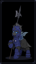 Size: 1523x2681 | Tagged: safe, artist:dipfanken, oc, oc only, oc:captain black lotus, changeling, armor, black background, changeling armor, changeling oc, convincing armor, halberd, looking at you, simple background, solo, weapon