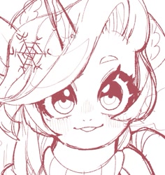 Size: 649x687 | Tagged: safe, artist:potetecyu_to, izzy moonbow, pony, unicorn, g5, bust, female, looking at you, mare, monochrome, sketch, smiling, smiling at you, snow, snowflake, solo