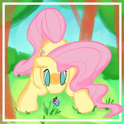 Size: 2000x2000 | Tagged: safe, artist:e_doodlesnstuff, fluttershy, insect, ladybug, pegasus, pony, g4, crouching, female, floppy ears, flower, grass, high res, looking at something, looking down, mare, no pupils, outdoors, solo, tree