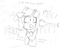 Size: 600x500 | Tagged: safe, artist:cherro, oc, oc only, pony, unicorn, crying, dialogue, female, monochrome, musical instrument, trumpet