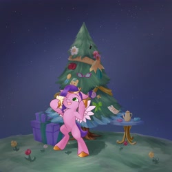 Size: 4096x4096 | Tagged: safe, artist:felldeal, pipp petals, pegasus, pony, series:daily drawing december, g5, adorapipp, bipedal, cellphone, christmas, christmas tree, cup, cute, female, flower, happy, holiday, jewelry, mare, night, one eye closed, open mouth, open smile, phone, present, selfie, smiling, spread wings, table, teacup, that pony sure does love phones, tiara, tree, wings