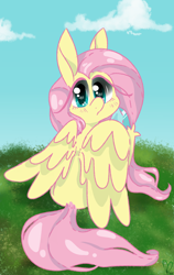 Size: 750x1185 | Tagged: safe, artist:pagophasia, derpibooru exclusive, fluttershy, pegasus, pony, g4, blushing, cloud, colored hooves, cute, day, female, frog (hoof), grass, impossibly long eyelashes, looking at you, looking back, looking back at you, raised hoof, shyabetes, sitting, solo, surprised, underhoof, unshorn fetlocks, wings