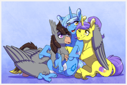 Size: 1772x1181 | Tagged: safe, artist:inuhoshi-to-darkpen, oc, oc only, oc:glacandra, oc:luxor, oc:tulipan, classical hippogriff, hippogriff, pony, unicorn, armband, chest fluff, cute, group hug, hoof fluff, hug, one eye closed, open mouth, ponytail, tongue out