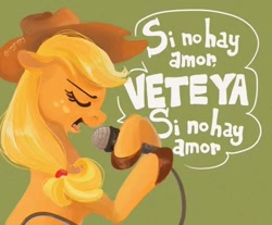 Size: 720x596 | Tagged: safe, artist:coypuppy, applejack, earth pony, pony, g4, eyes closed, female, green background, hoof hold, mare, microphone, simple background, singing, solo, song reference, spanish, translation request