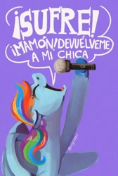 Size: 652x970 | Tagged: safe, artist:coypuppy, rainbow dash, pegasus, pony, g4, female, hombres g, hoof hold, magnetic hooves, mare, nose in the air, open mouth, purple background, rock (music), simple background, singing, solo, song in the comments, song reference, spanish, sufre mamon, translated in the comments