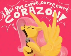 Size: 720x568 | Tagged: safe, artist:coypuppy, fluttershy, pegasus, pony, g4, corre, eyes closed, female, jesse & joy, mare, microphone, open mouth, red background, simple background, singing, solo, song in the comments, song reference, spanish, translation request