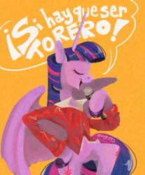 Size: 696x841 | Tagged: safe, artist:coypuppy, twilight sparkle, alicorn, pony, g4, chayanne, clothes, eyes closed, female, hoof hold, hoof on hip, jacket, mare, open mouth, simple background, singing, solo, song in the comments, song reference, spanish, torero, translation request, twilight sparkle (alicorn), yellow background