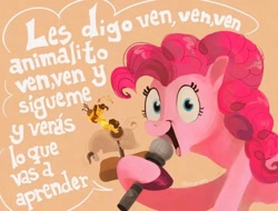 Size: 720x548 | Tagged: safe, artist:coypuppy, boneless, cheese sandwich, pinkie pie, earth pony, pony, g4, beige background, duo, female, hoof hold, male, mare, mechanical bull, microphone, simple background, singing, solo focus, spanish, stallion, translated in the comments