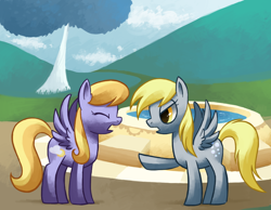 Size: 900x700 | Tagged: source needed, safe, artist:reuniclus, cloud kicker, derpy hooves, pegasus, pony, g4, argument, day, duo, duo female, female, fountain, outdoors