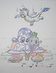 Size: 732x956 | Tagged: safe, artist:hillbe, rarity, spike, oc, oc:spike jr., ant, dracony, dragon, hybrid, insect, pony, unicorn, g4, belly flop, drink, drinking straw, family, female, interspecies offspring, lying down, male, mare, moments before disaster, offspring, parent:rarity, parent:spike, parents:sparity, picnic, pointing, ship:sparity, shipping, straight, traditional art