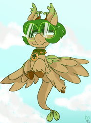 Size: 900x1210 | Tagged: safe, artist:pagophasia, derpibooru exclusive, oc, oc only, oc:hortis culture, hybrid, pony, cloud, collar, day, ear tufts, flying, full body, glasses, horns, leaf, nonbinary, round glasses, smiling, solo, unshorn fetlocks, wings