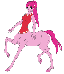 Size: 754x866 | Tagged: safe, alternate version, artist:cdproductions66, artist:nypd, pinkie pie, centaur, monster girl, taur, g4, alternate hairstyle, base used, breasts, buckball uniform, busty pinkie pie, centaur pie, centaurified, clothes, headband, hooves, human head, light blue eyes, long hair, missing cutie mark, pink hair, pinkamena diane pie, ponytail, raised hooves, reasonably sized breasts, shirt, simple background, sleeveless, sleeveless shirt, solo, transparent background, v-neck