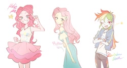 Size: 1300x699 | Tagged: safe, artist:suansuan_33, fluttershy, pinkie pie, rainbow dash, human, equestria girls, g4, my little pony equestria girls: better together, bare shoulders, clothes, crossed arms, cutie mark on clothes, female, grin, looking at you, one eye closed, open mouth, open smile, simple background, skirt, smiling, smiling at you, stars, trio, trio female, white background, wink, winking at you